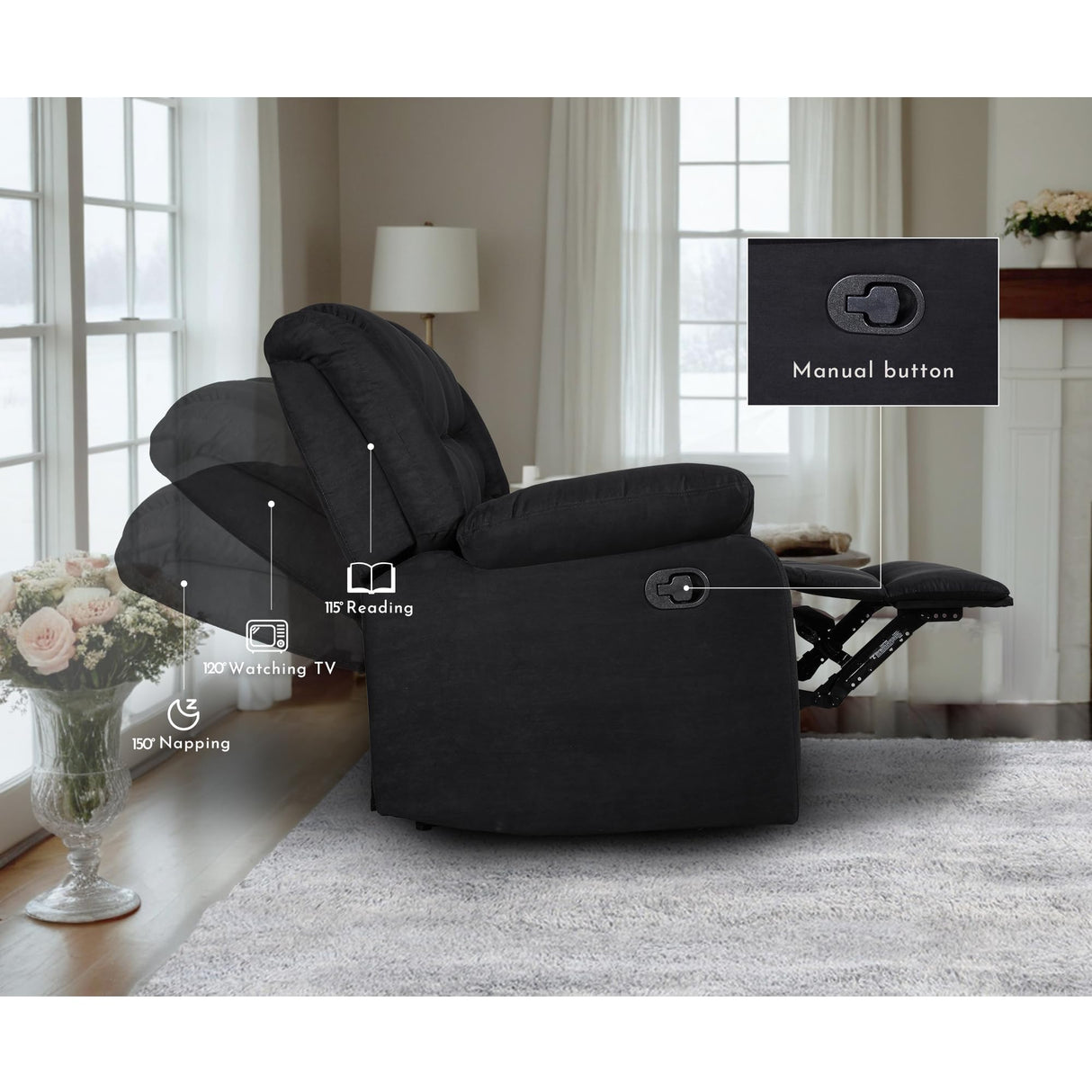 Recliner Sofa Set, Microfiber Manual Reclining Couch Set, 3 Piece Recliner Set with Loveseat, Dropdown Table& Cup Holders, Living Room/Office/Theater Seating (Black) UR livingroom