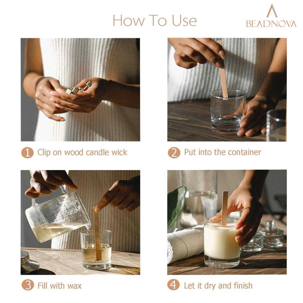 BEADNOVA Wood Candle Wick Clips 50pcs Wood Wick Base Sustainer Tabs for Candle Making and DIY (16mm/ 0.6 inch) BEADNOVA