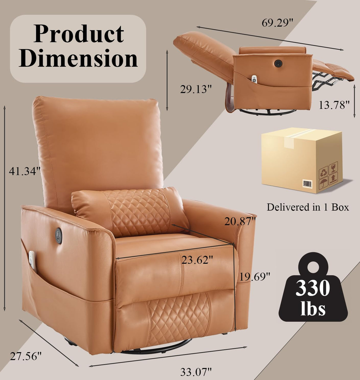Power Swivel Recliner Chair with Massage Heat USB Port, Extra Wide Lay Flat Recliners Massaging Chair, Oversized Electric Leather Recliner Chair for Adults, Orange KCQ