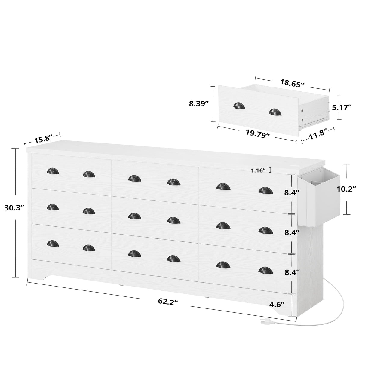 LIKIMIO Dresser 9 Drawer 63" W Long Wood Storage Chest of Drawers for Bedroom Living Room, Large Storage with Charging Station and Storage Bag, White LIKIMIO