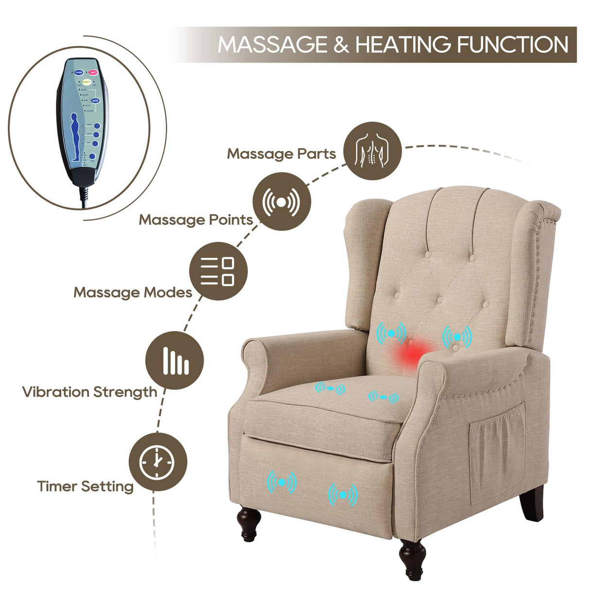 PALLOME Wingback Recliner Chair with Massage and Heat Tufted Fabric Push Back Arm Chair, Recliner Chair for Living Room Bedroom Home Theater (2,Beige) PALLOME