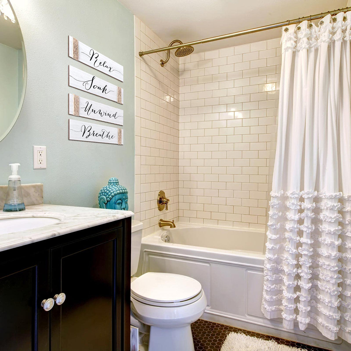 4 Pieces Farmhouse Bathroom Decor Wall Art Bathroom Sign Rustic Bathroom Decor Relax Soak Unwind Breathe Wood Sign for Home Spa Bathroom Decor, 11.8 x 3 Inch (White) Jetec