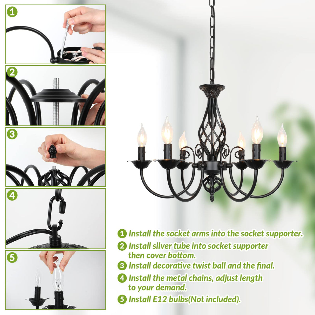 6-Light Farmhouse Candle Chandelier for Living Room, Rustic Industrial Pendant Ceiling Light fixture, Vintage Hanging Lamp for Bedroom Hallway Kitchen Dining Room Foyer, Matte Black E12 Socket VerRon