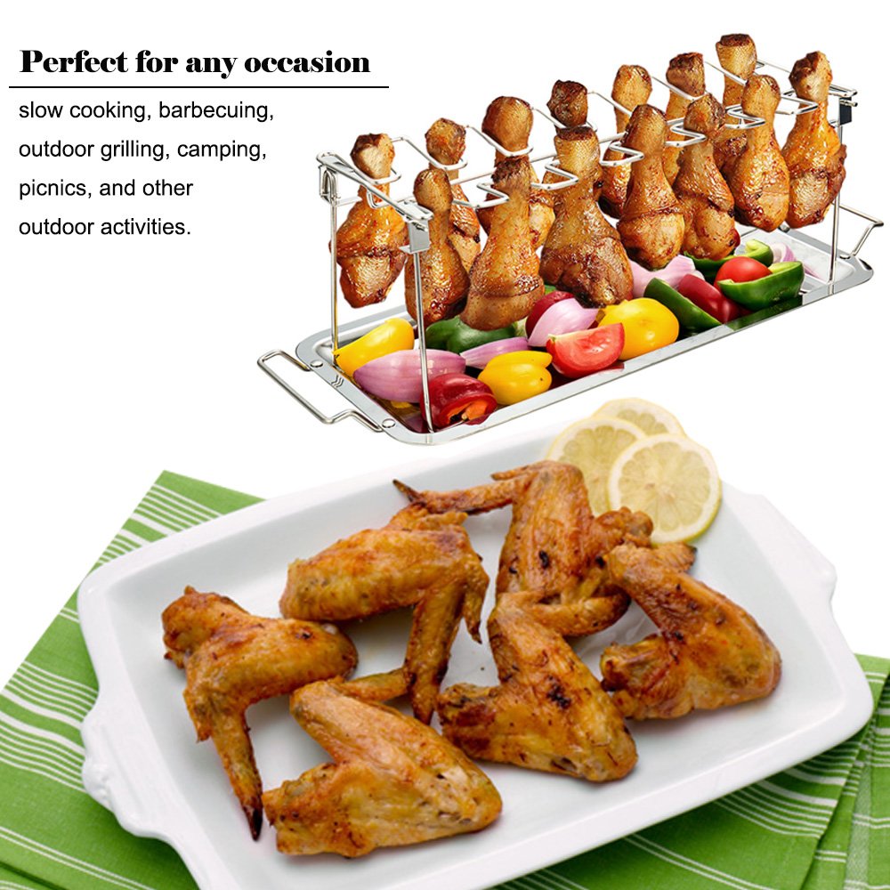 G.a HOMEFAVOR Chicken Leg Wing Rack 14 Slots Stainless Steel Metal Roaster Stand with Drip Tray for Smoker Grill or Oven, Dishwasher Safe, Non-Stick, Great for BBQ, Picnic G.a HOMEFAVOR