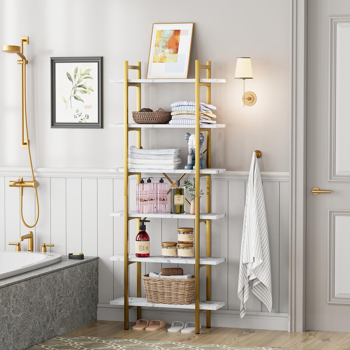 Azheruol 6 Tiers Bookshelf Organizer White Faux Marble Shelf,Modern Open Display Storage Bookcase, and Metal Bookshelf Standing Storage Shelf Tall Shelving Units for Home Office Study Azheruol
