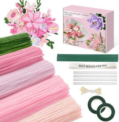 500 Pcs Pipe Cleaners Craft,5 Colors Pipe Cleaners Bulk,Chenille Stems Flowers Craft kit for DIY Handmade Bouquet Wrapping Party Decorations whit Ribbons,Stems,Tape,Stamens, Glue Sticks (Pink)