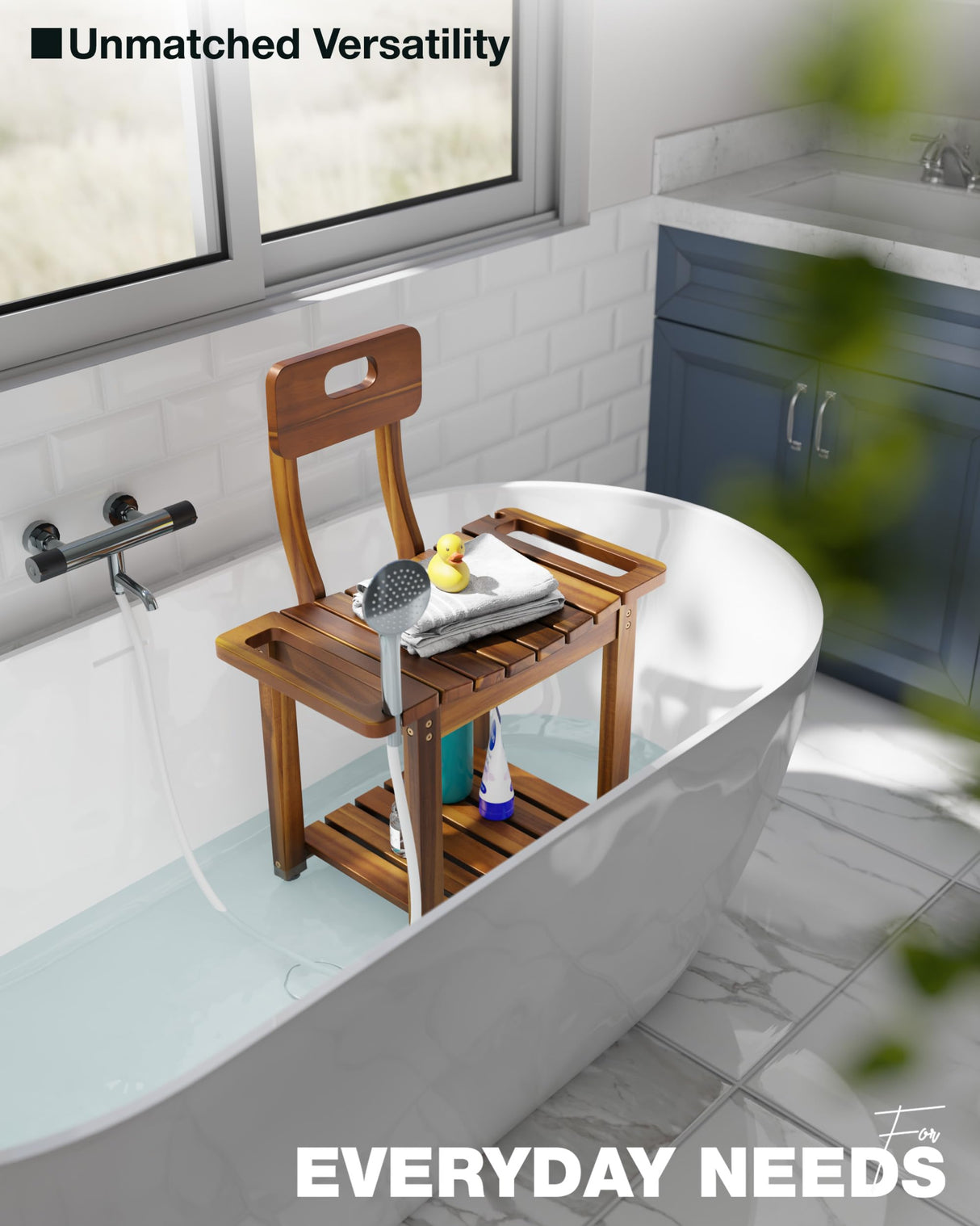 BLUEWEST 23.4'' Shower Chair with Backrest Bath Chair for Inside Shower or Tub, Heavy Duty 450 lbs Support, Non-Slip Feet, Shelf Storage, Built-in Handles for Elderly or Adults (Acacia) BLUEWEST