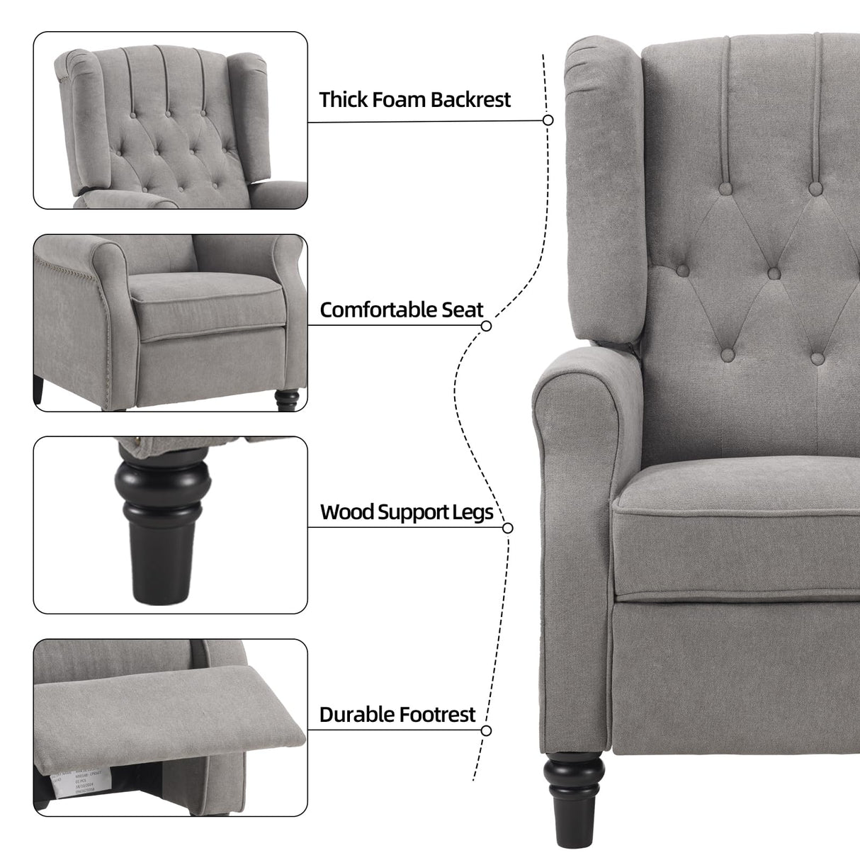 EBELLO Pushback Recliner Chair, Fabric Armchair Push Back Recliner with Rivet Decoration, Mid Century Wingback Accent Chair for Living Room, Bedroom, Grey EBELLO