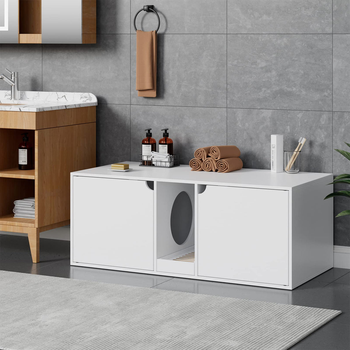 DAWNSPACES Cat Litter Box Enclosure for 2 Cats, Modern Wood Stackable Large Cat Washroom Storage Cabinet Bench End Table Furniture,with Removable Litter Box, White DAWNSPACES