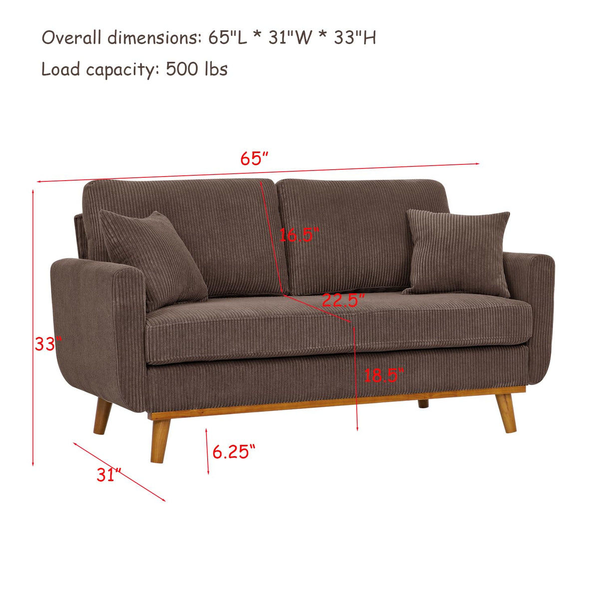 YHUBHSIS 65" Loveseat Sofa Brown Corduroy Couch, Modern 2 Seater Couch, 22.5" Deep Seat Small Couches for Living Room Bedroom Office (Brown) YHUBHSIS