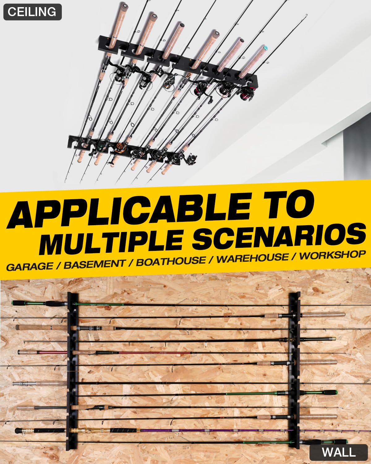 Ghosthorn Fishing Pole Rod Racks Wall or Ceiling Mounted Fishing Pole Rod Holders for Garage Storage Organizer Fishing Gear Equipment for Men Women Ghosthorn