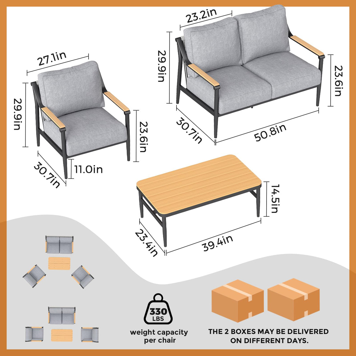 Jocoevol 4 Pieces Outdoor Sofa Conversation Set, 4 Seats Couch Set with Table, Metal Frame Rope Weaving Design UV Resistance Waterproof for Patio Garden Balcony, Grey Jocoevol