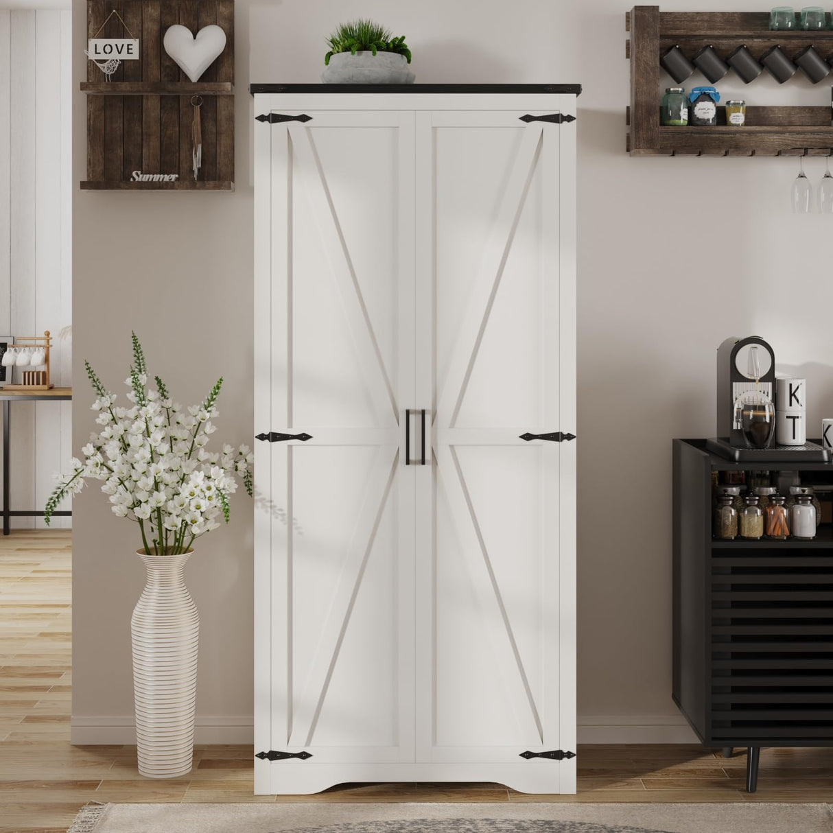 Befrases 72''H Farmhouse Storage Cabinet with Adjustable Shelves, Large Pantry Organize with 2 Barn Doors, Tall Freestanding Cabinet for Kitchen, Bathroom/Garage/Basement/Living/Utility Room, White Befrases