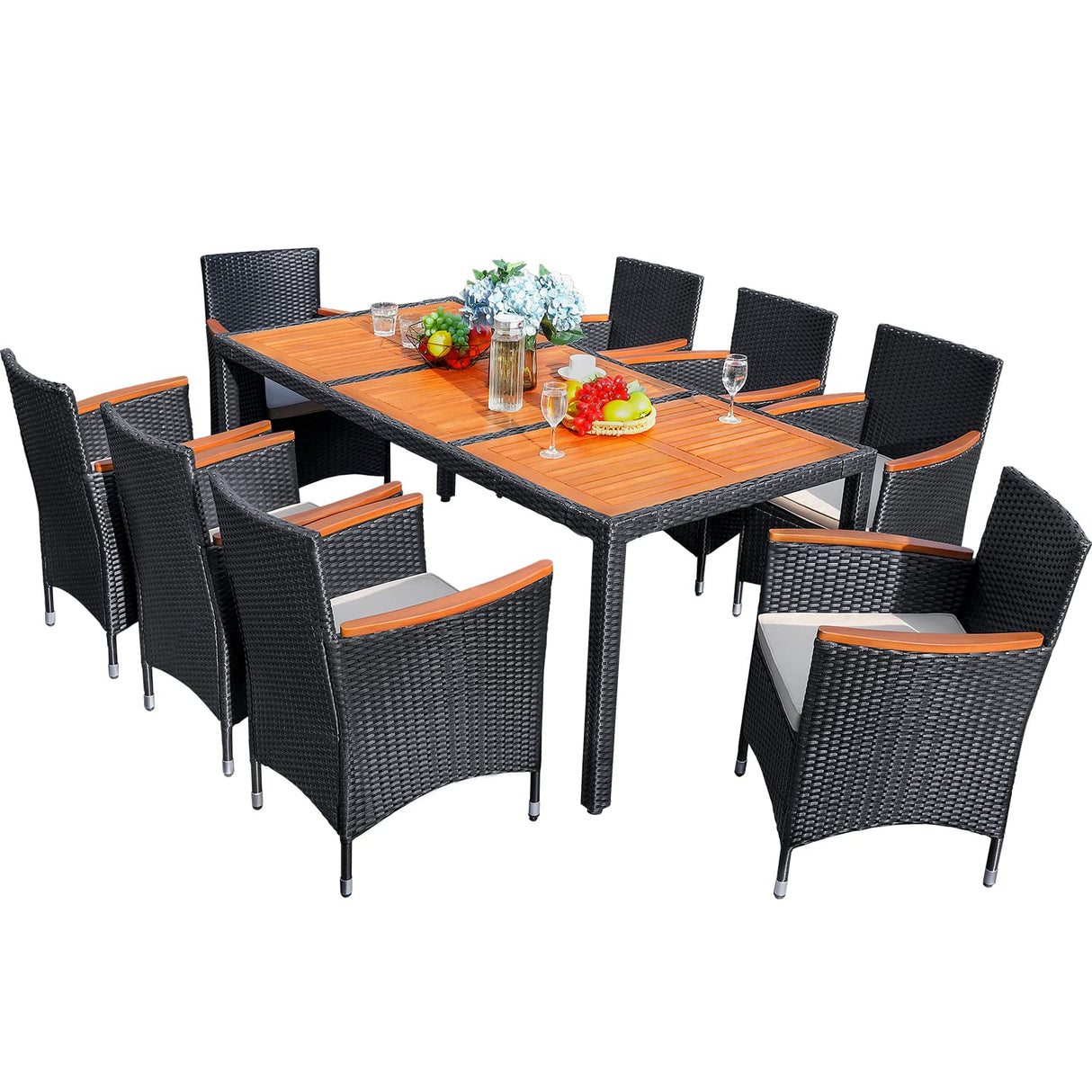 Flamaker 9 Piece Patio Dining Set Outdoor Acacia Wood Table and Chairs with Soft Cushions Wicker Patio Furniture for Deck, Backyard, Garden Flamaker