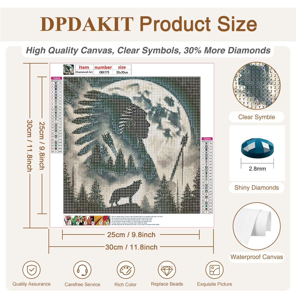 DPDAKIT Wolf Diamond Art Kits for Adults, Native American Diamond Painting Kits for Beginner, 5D DIY Round Full Gem Art Crafts for Home Wall Decor Gift, 12x12inch DPDAKIT