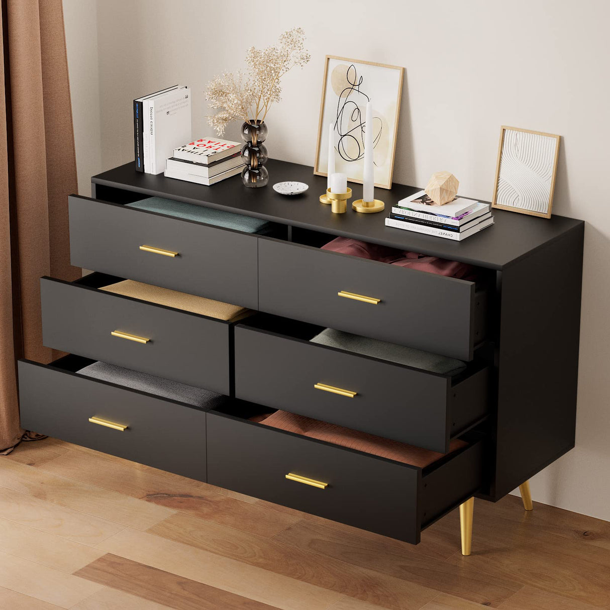 RESOM Black 6 Drawer Dresser for Bedroom, Wooden Black Double Dresser with Gold Handles, Modern Chest Dresser with Deep Drawers for Living Room, Hallway RESOM