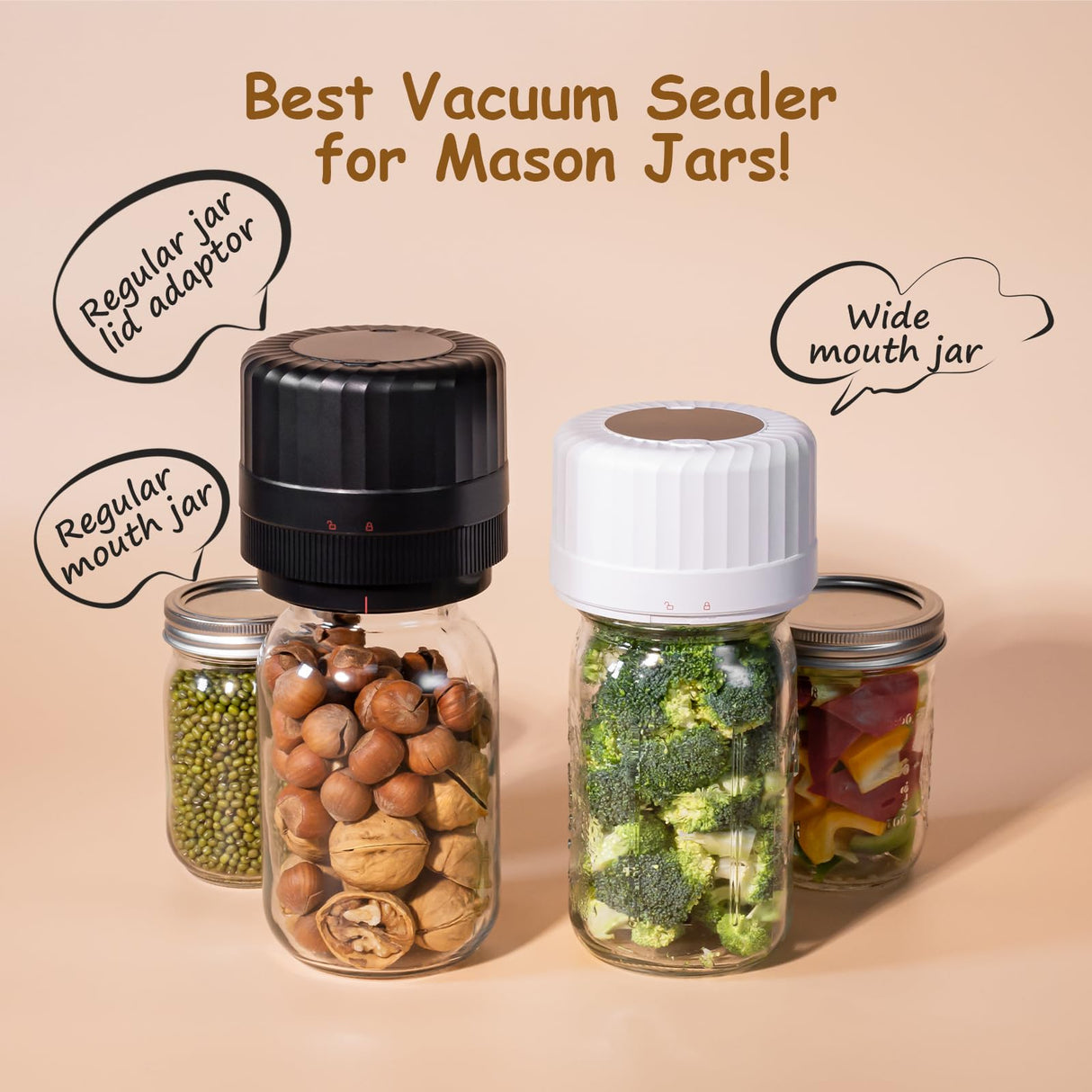 Fully Automatic Mason Jar Vacuum Sealer Kit - Auto Stop Mason Jar Vacuum Sealer Kit, Jar Vacuum Sealer for Mason Jars, Jar Vacuum Sealer, A Must-Have for Canned Foods Pantry Canning Pickling HTPOW