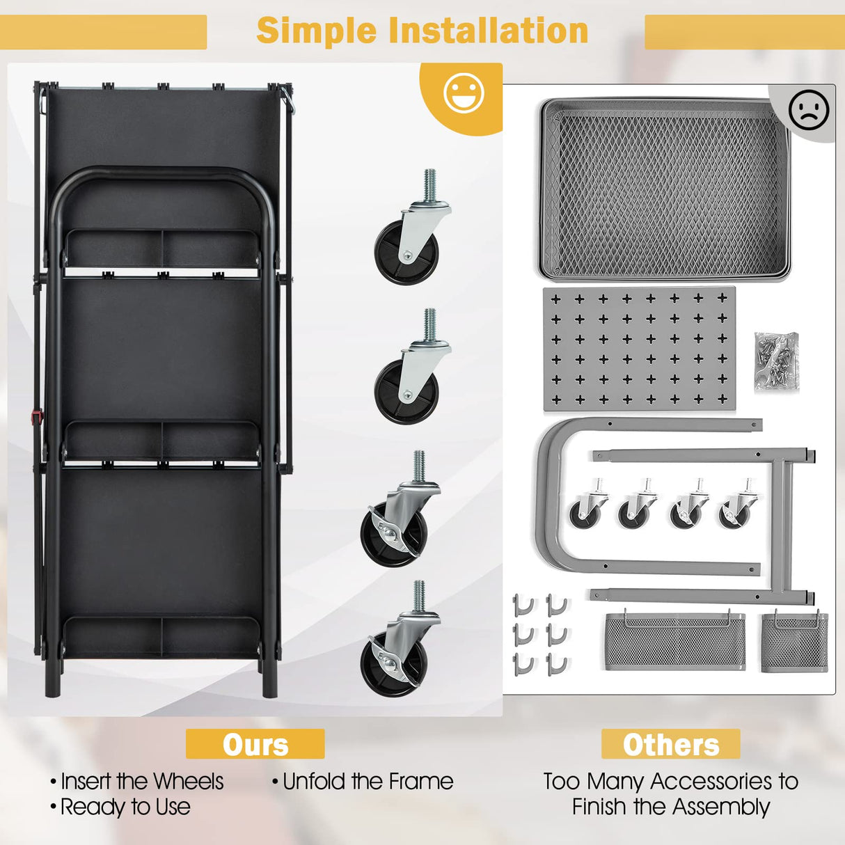 Goplus Folding Utility Cart, 3-Tier Rolling Tool Cart w/Lockable Wheels, 300LBS Capacity, Divided Storage Compartments, Collapsible Metal Service Goplus