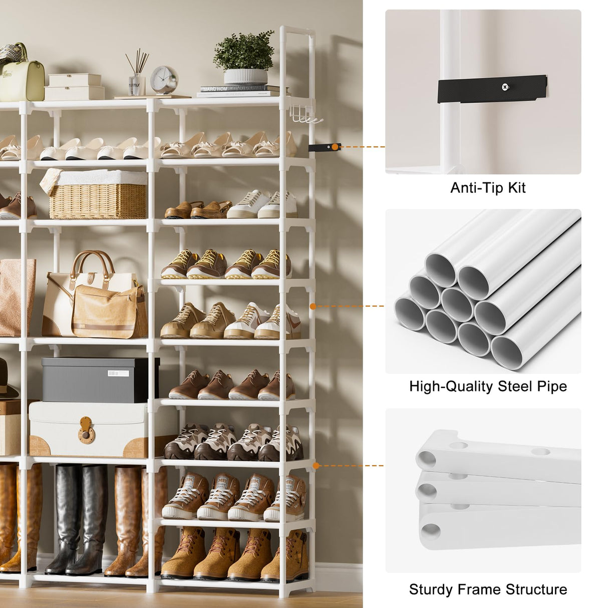 WOWLIVE 4 Row 9 Tiers Extra Large Shoe Rack 64-72 Pairs Big Tall Metal Shoe Shelf, Heavy Duty Organizer for Closet Entryway, Boot Rack Storage Stackable Stand for Garage White WOWLIVE