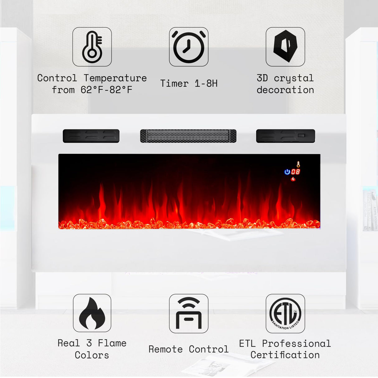 AMERLIFE Modern Highgloss Fireplace Entertainment Center Set, Includes 80" Fireplace TV Stand & 2 LED Highlight Bookcases, Fireplace Storage Cabinets for TVs up to 90", White AMERLIFE