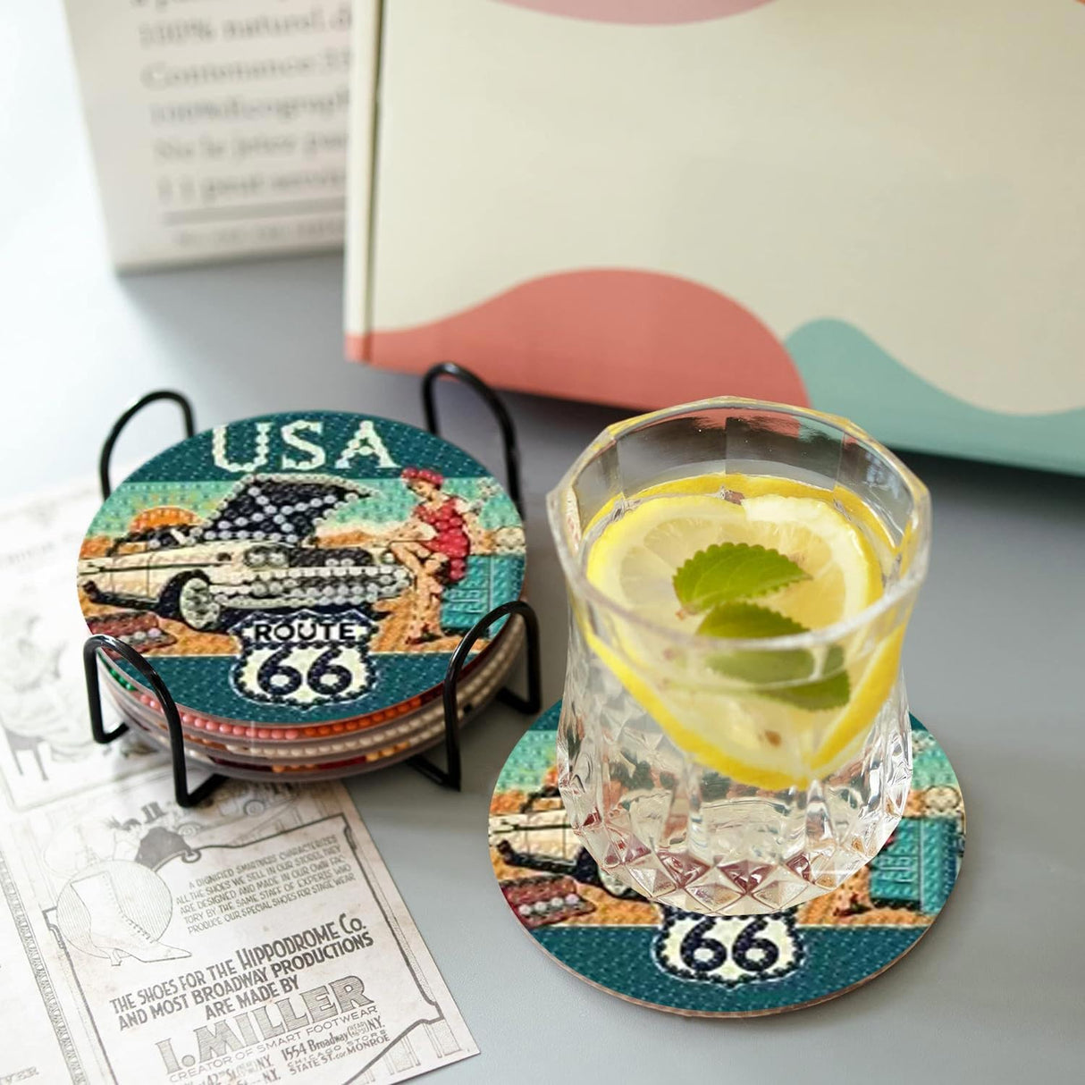 Mrnsiet 8 Pcs Car Diamond Art Coasters Kits for Adults, Highway Landscape Diamond Painting Coaster with Holder, Non Slip Hardwood Bases Coaster Set Gift for Beginners 4x4 Inch Mrnsiet