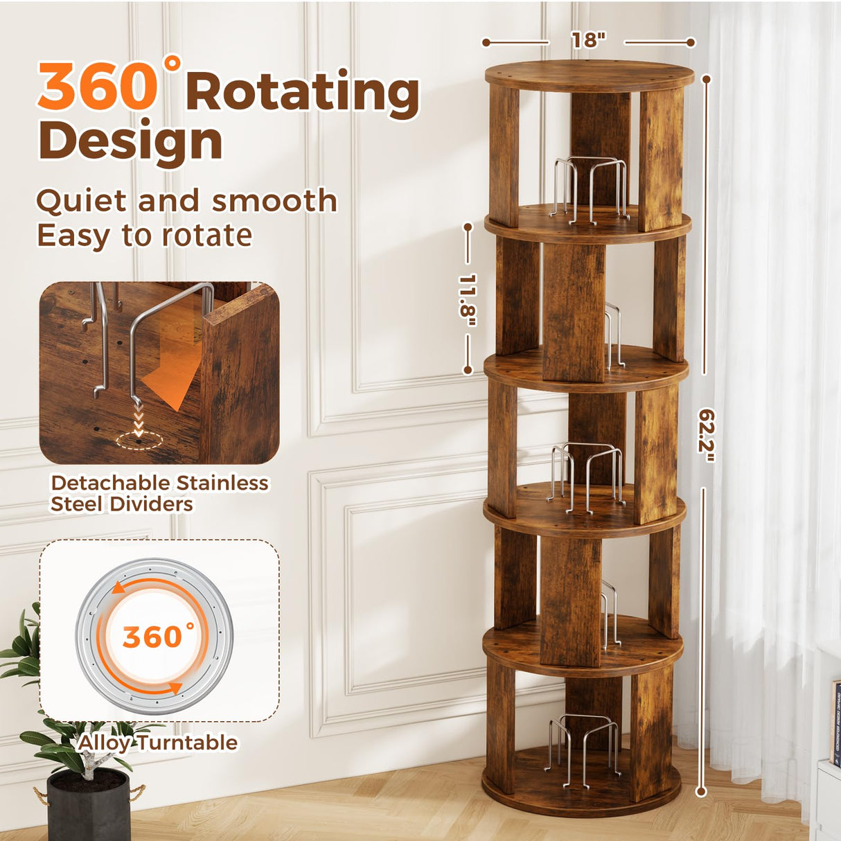 VYRIVA 5 Tier Rotating Bookshelf Tower, 360° Display Round Bookcase, Floor Standing Corner Revolving Bookshelf Organizer Storage Rack for Home Study Office, Walnut VYRIVA