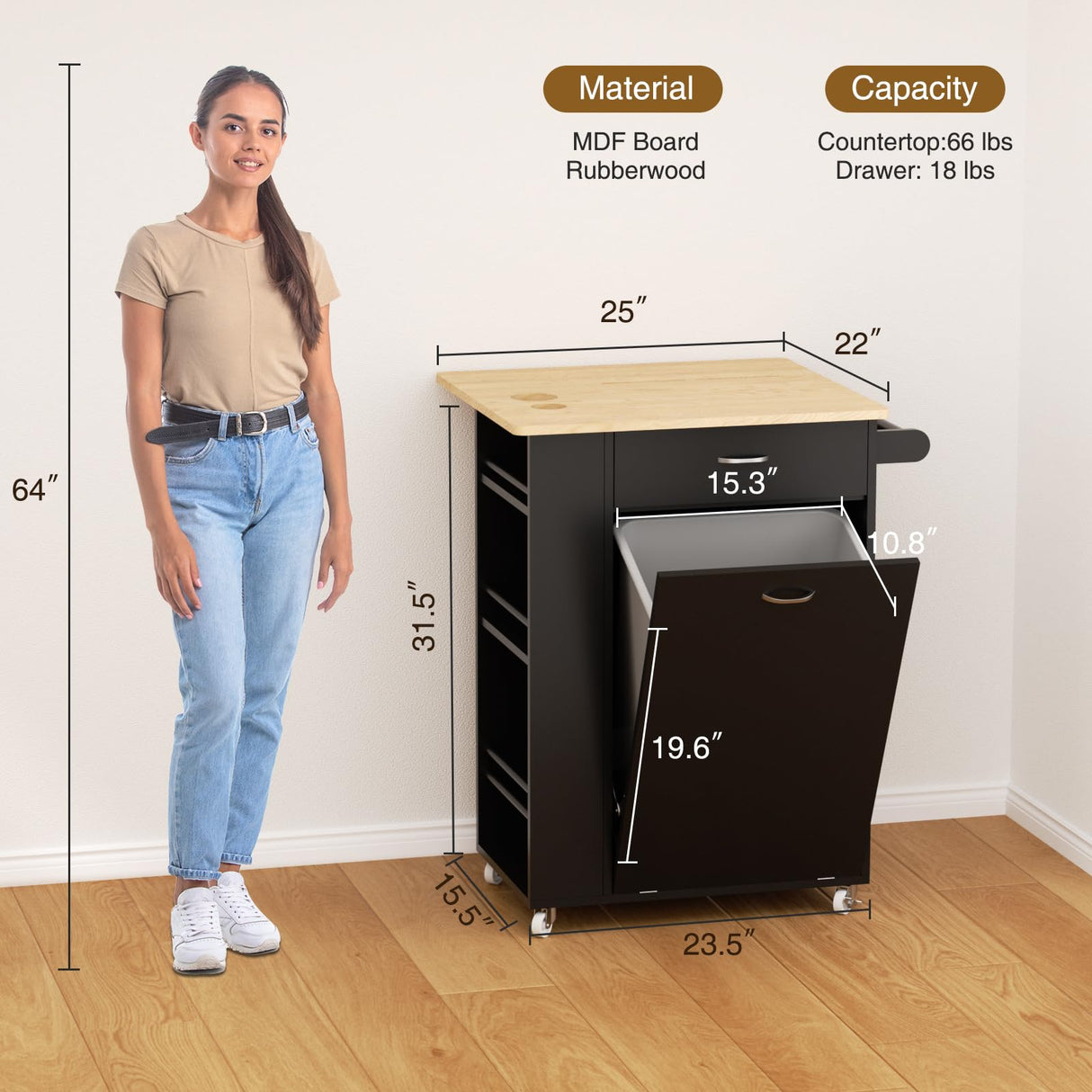 Rolling Mobile Kitchen Island with Drop Leaf, Portable Cart with Rubberwood Top, Spice Rack, and Drawers for Dining Room, Trash Cabinet Tilt Out 10 Gallon Storage, Black Vabches