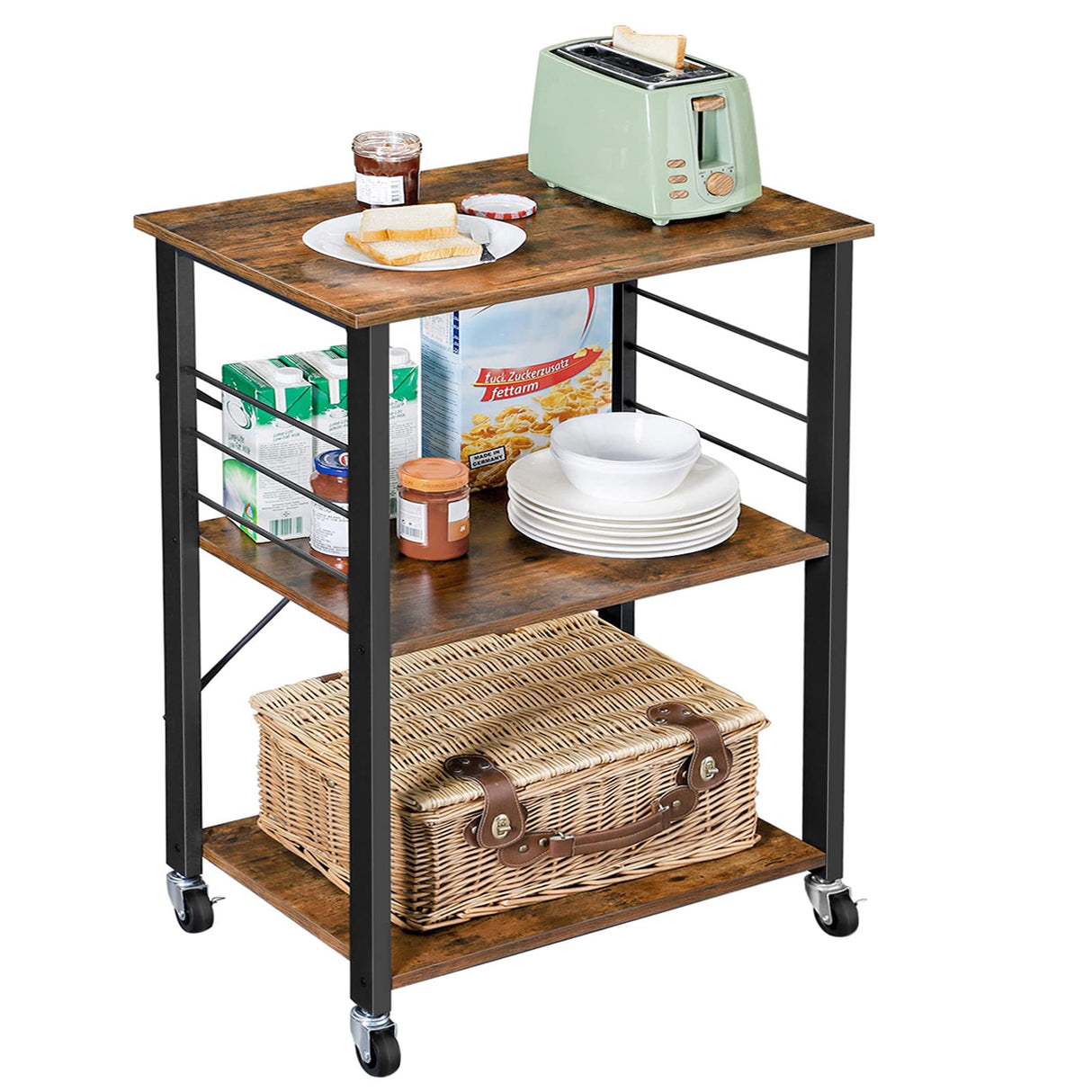 VASAGLE Kitchen Shelf on Wheels, Serving Cart with 3 Shelves, Kitchen Cart, Microwave Shelf, for Mini Oven, Toaster, with 6 Hooks, Industrial Style, Rustic Brown and Black UKKS60XV1 VASAGLE
