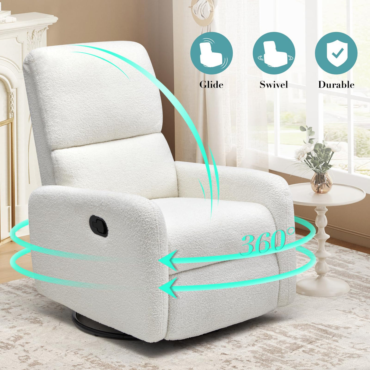 Jocisland Swivel Glider Rocking Recliner Chair for Adults, Nursery Rocker Reclining, Comfy Upholstered Single Sofa Armchair for Living Room Bedroom Nursing,Teddy White Jocisland