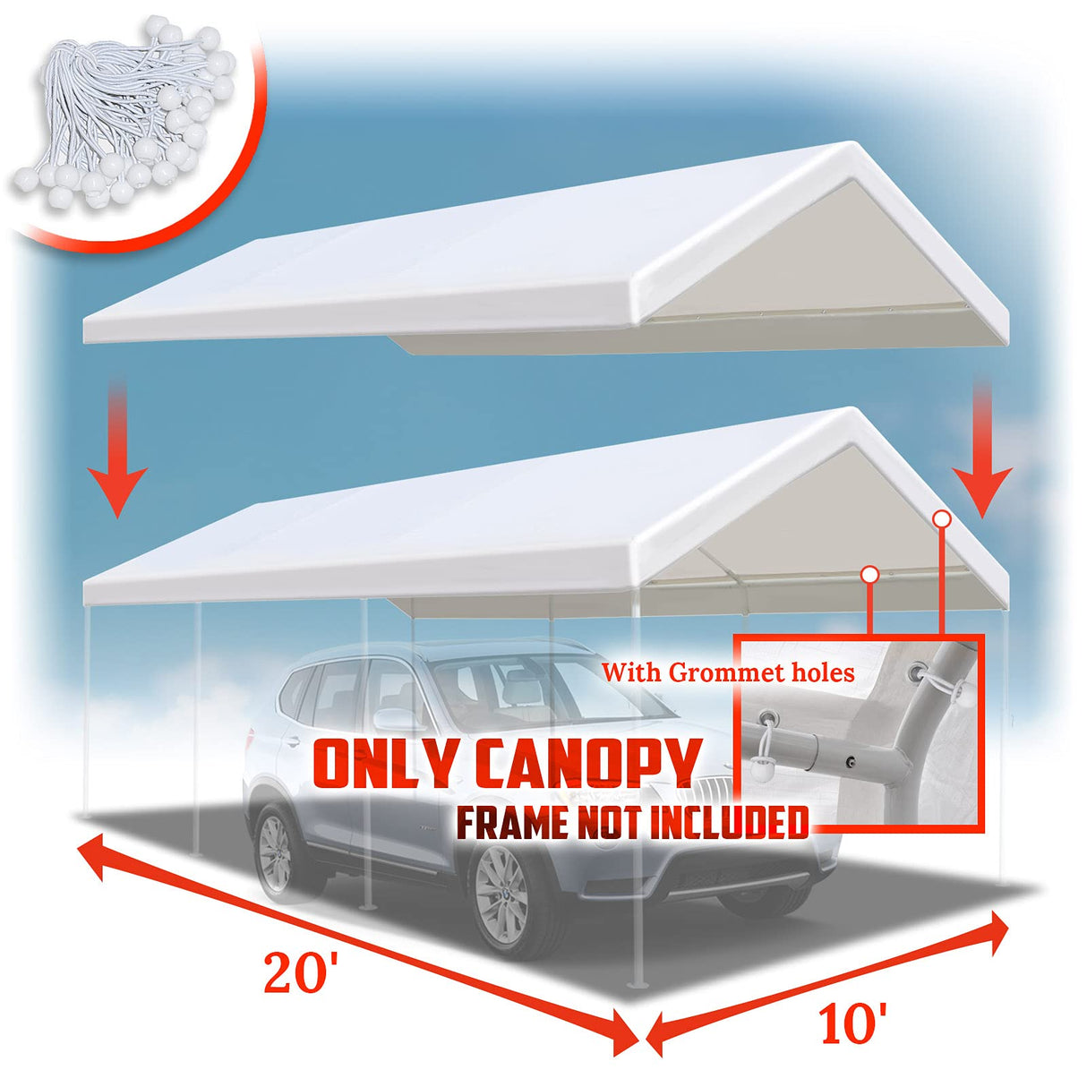 BenefitUSA 10x20' Waterproof Upgraded Carport Replacement Canopy Only Garage Top Cover Tent Shelter Tarp with Ball Bungee Cords,Frame is not Included BenefitUSA
