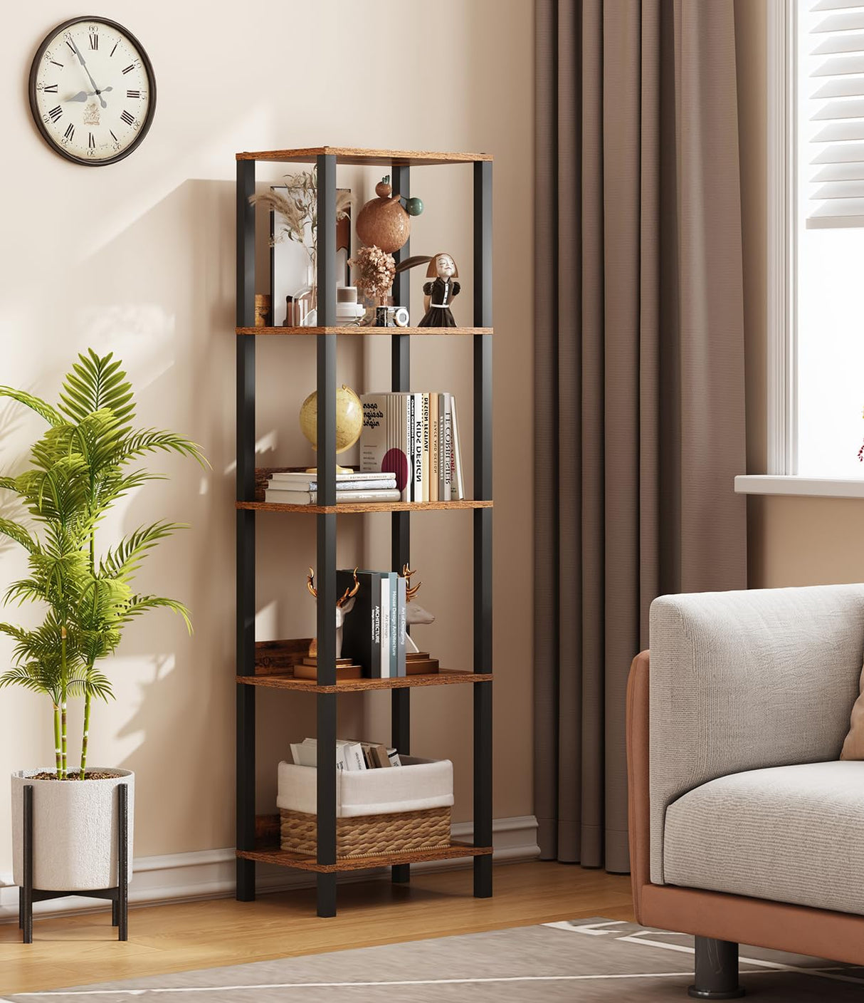 VIMBER 5-Tier Bookshelf with Anti-Fall Baffle, Tall Bookcase for Books, Garage Kit, CDs, Movies, Industrial Standing Bookshelves Storage Organizer for Bedroom Office Living Room USSJ001F VIMBER