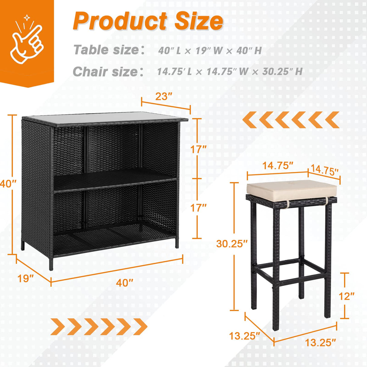 Patiomore 3-Piece Patio Outdoor Bar Set with Two Stools and Glass Top Table Patio Brown Wicker Furniture with Removable Cushions for Backyards, Porches, Gardens or Poolside Patiomore