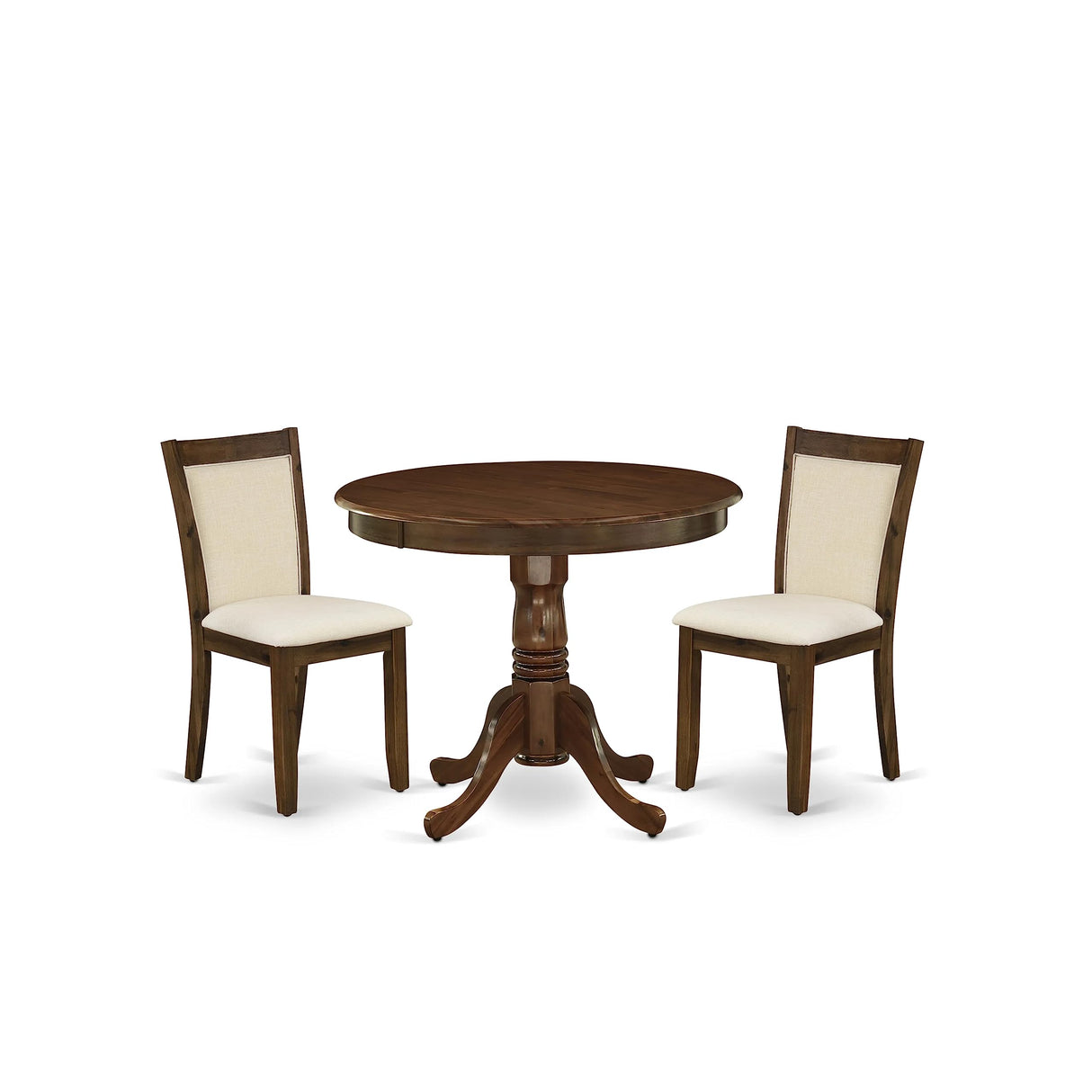 East West Furniture ANMZ3-AWA-32 3 Piece Dining Room Table Set Consist of a Round Kitchen Table with Pedestal and 2 Parson Dining Chairs, 36x36 Inch, Antique Walnut East West Furniture