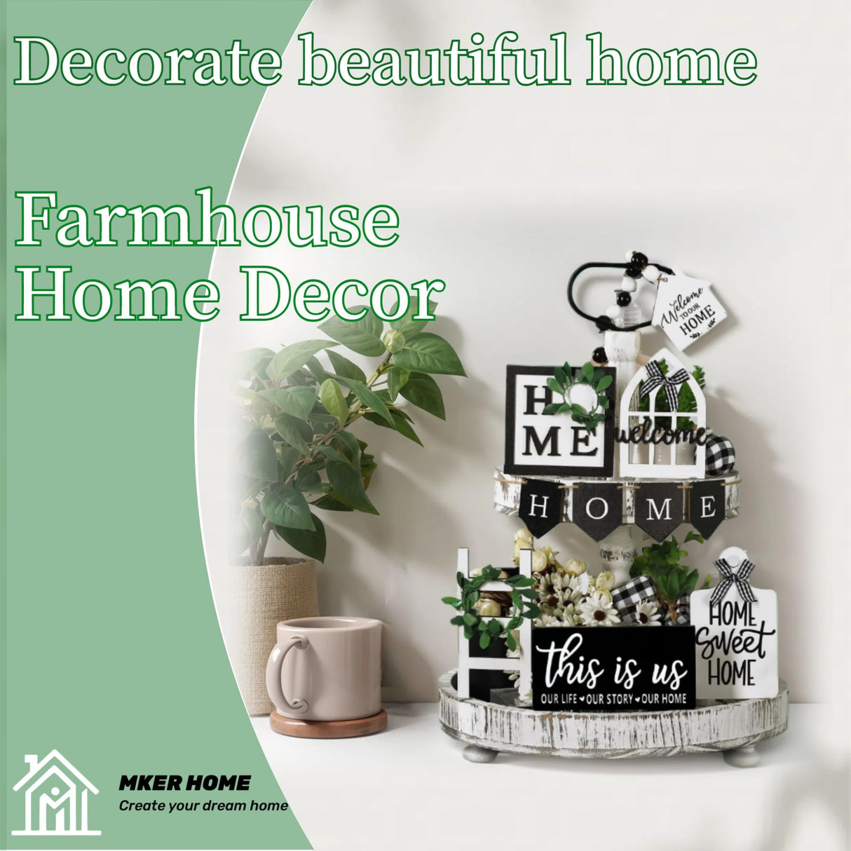 Tiered Tray Decor Set for Rustic Home Country Kitchen Dining Room Living Room Table Decorations Farmhouse Modern White and Black Tray Decorative with Wooden Beads and Board (No Tray) MKER HOME