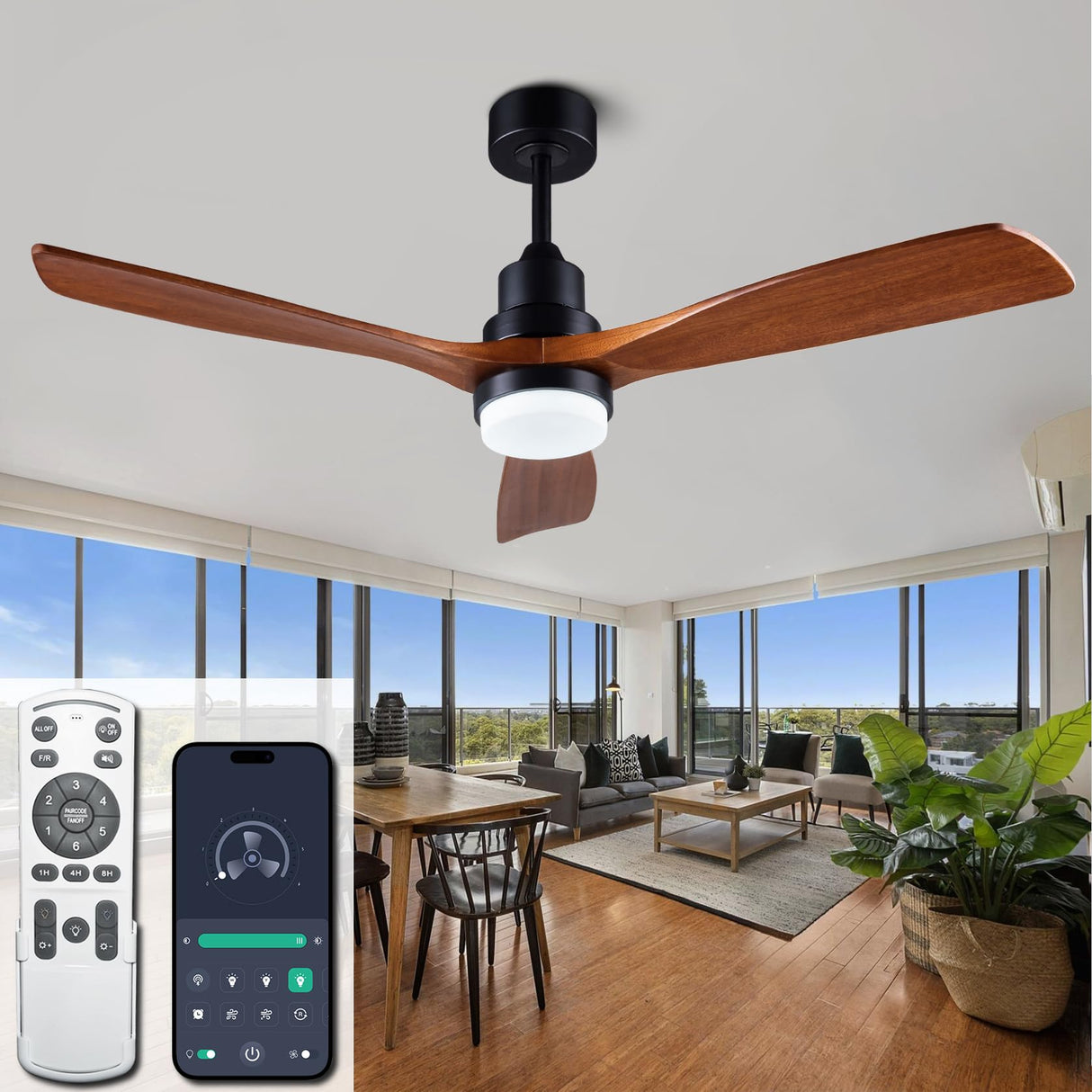 dearnow 52” solid wood ceiling fans with light 6 speeds remote/app control, solid wood ceiling fan with memory led dimmable color adjustable, quiet ceiling fan for living room, dining room. dearnow