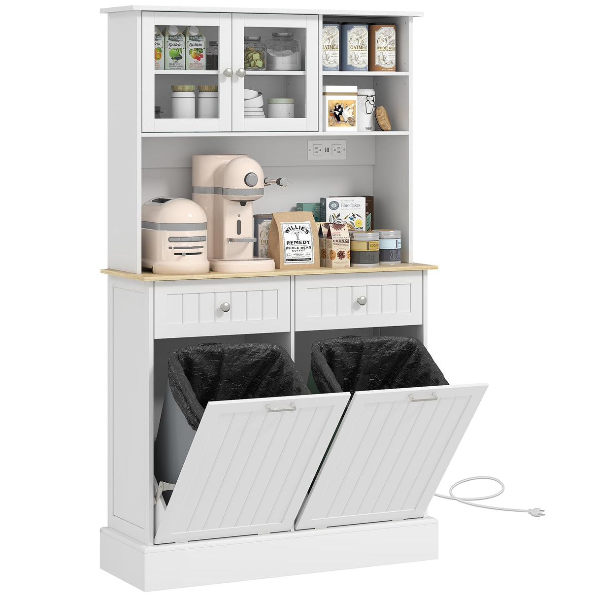HOMCOM 68" Kitchen Pantry Storage Cabinet with Charging Station, 2 Tilt Out 10 Gallon Trash Can Cabinets and Drawers, Freestanding Kitchen Hutch with Glass Doors and Adjustable Shelf, White HOMCOM