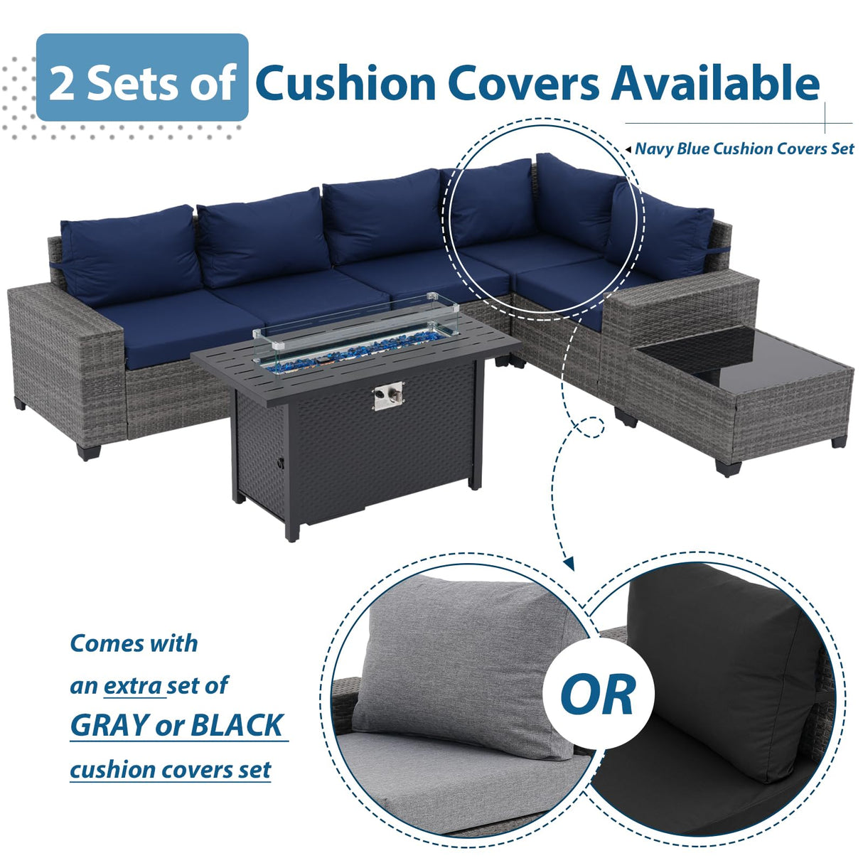 JOIVI 7 Pieces Outdoor Patio Furniture Set with 45” 50000BTU Fire Pit Table, Rattan Patio Conversation Set with Coffee Table, L-Shaped Sectional Sofa and Propane Fire Pit Set, Navy Blue JOIVI