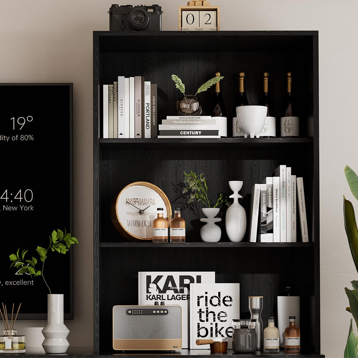 TUSY 4-Piece Large TV Stand with Bookshelves for TVs up to 75", TV Entertainment Center Media Center with Tempered Glass Doors and Shelves, TV Hutch for Living Room White (Black) TUSY