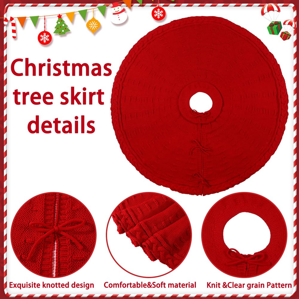 YUJUN 48 Inches Christmas Knitted Tree Skirt Decorations Xmas Large Red Chunky Cable Farmhouse Thick Rustic Tree Skirt for Merry Christmas Tree Holiday Home Party Decoration YUJUN