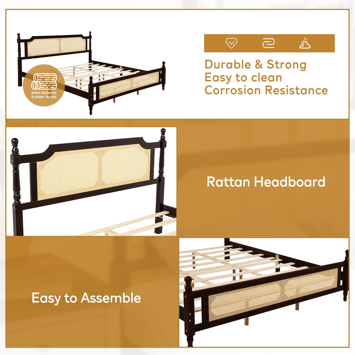 Pine Wood Bed Frame with Rattan Headboard, King Size - Modern Farmhouse Platform Bed, Sturdy Wooden Slat Support, No Box Spring Needed, Easy Assembly, Espresso SSFEG