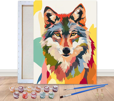 Bimkole Framed Paint by Numbers Kit for Adults Colorful Wolf, DIY Oil Painting on Canvas with Frame, Animals Paint by Numbers Set for Home Wall Decor 8x12 Inch/20x30 cm