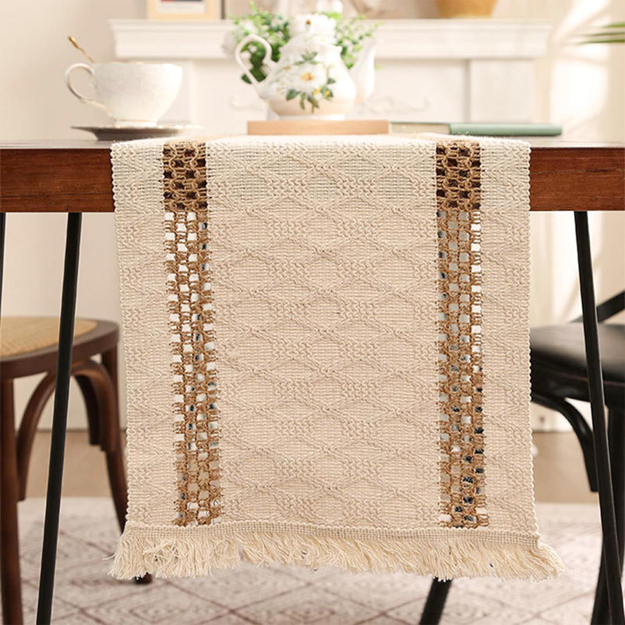Niviy Boho Table Runner for Thanksgiving Christmas Winter Home Decor 72 Inches Long Farmhouse Macrame Table Runner Cotton Linen Woven Table Runners for Dining Table Decoration, Beige & Brown Niviy