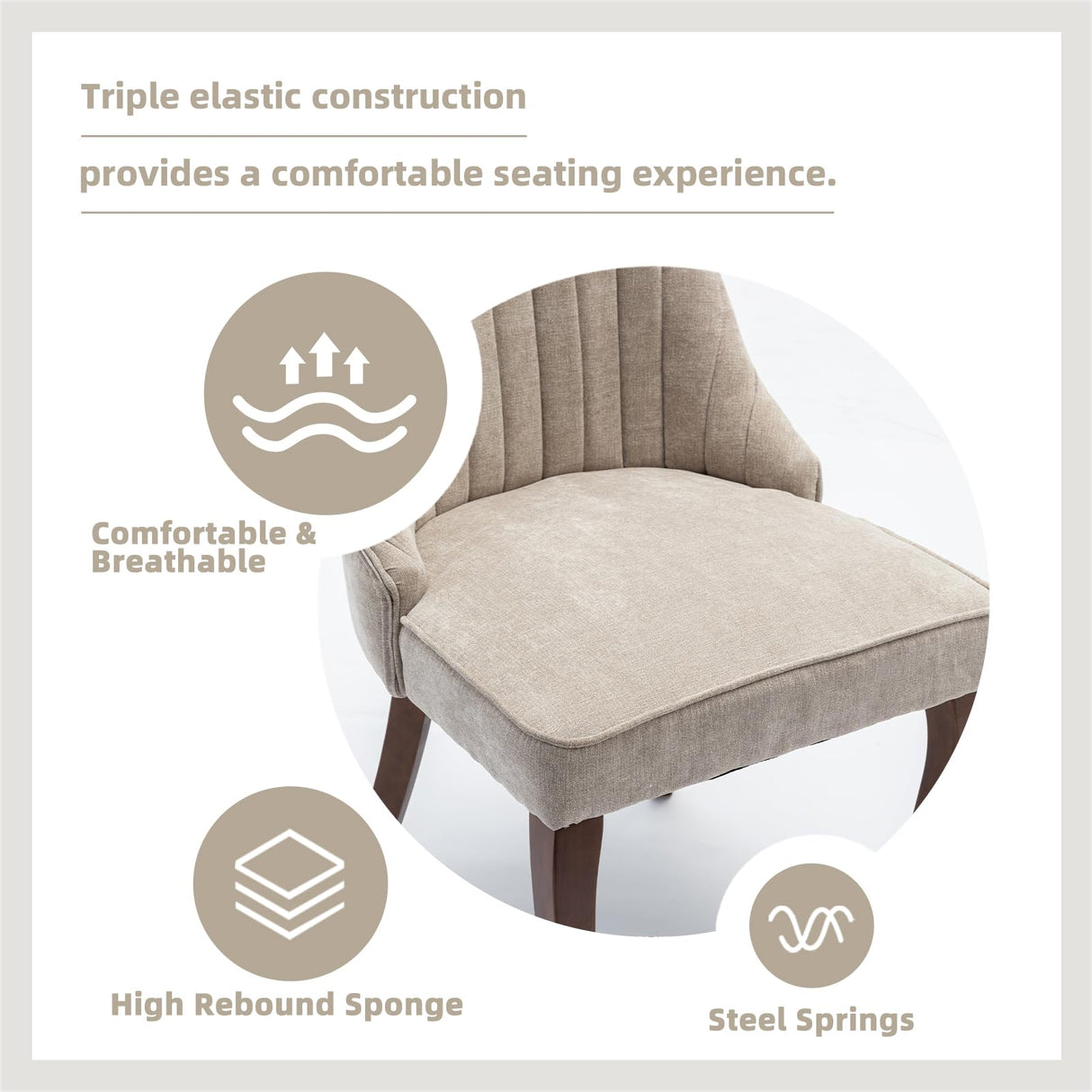 MZDOO Dining Chairs Set of 6,Linen Channel Tufted Kitchen Dining Room Chair with Curved Solid Wood Legs, Comfortable Fabric Upholstered Dining Chair for Dining Room, (Beige, 6pc) MZDOO