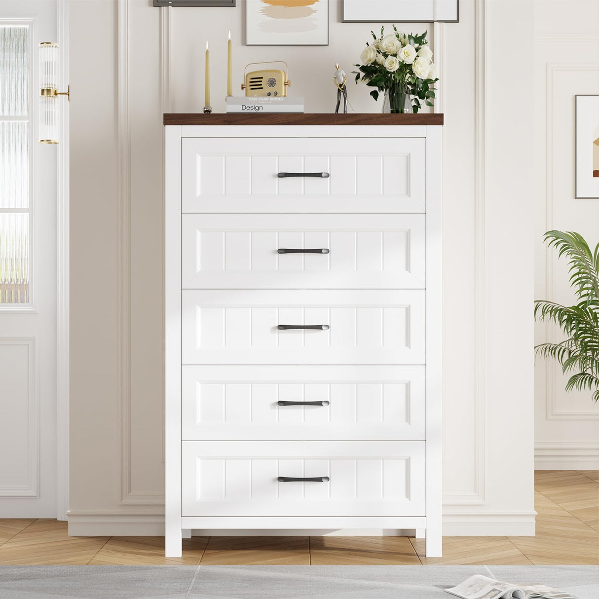 Jocoevol 5 Drawer Dresser for Bedroom - Farmhouse 44.9" Tall Chest of Dresser with Large Storage, Rubst Wood Construction for Living Room, Hallway & Entryway - White (White & Brown) Jocoevol