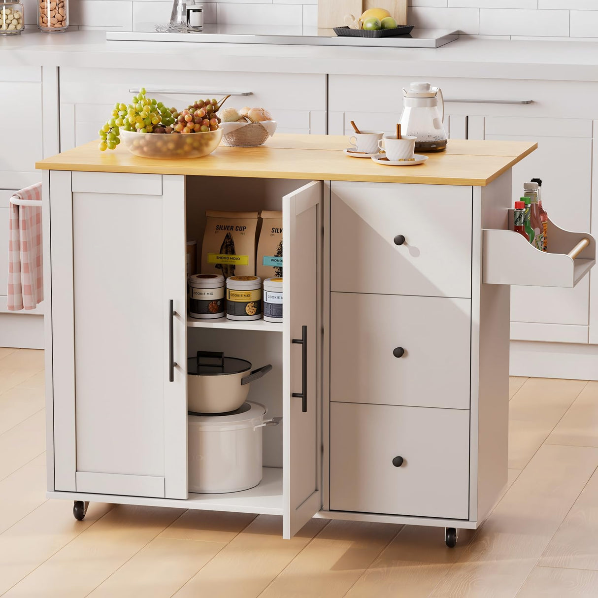 GRUSIGN Kitchen Island with Storage, Rolling Kitchen Cart with 3 Drawers Kitchen Storage Cabinet on Wheels with Inner Adjustable Shelves for Dining Room/Living Room Thicker,39.37" L X 20.05" W, White GRUSIGN