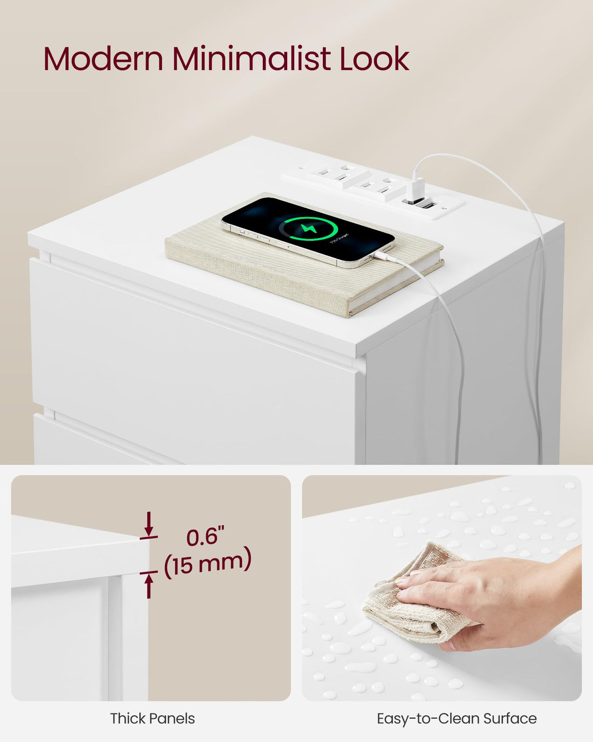 VASAGLE Nightstand with Charging Station, 2 AC Outlets and 2 USB Ports, Bedside Table, Side Table with 3 Drawers, Modern Style, 13.8 x 15.7 x 23.2 Inches, Cloud White ULET631W16 VASAGLE