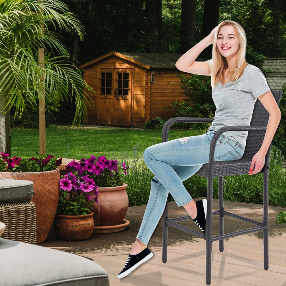Outdoor Bar Stools Set of 2, 2-Piece Patio Bar Stools with Armrests, All Weather Rattan Bar Chairs with Backrest, Wicker Bar Stools for Backyard, Garden, Pool, Balcony and Deck, Dark Grey ANXIN PATIO