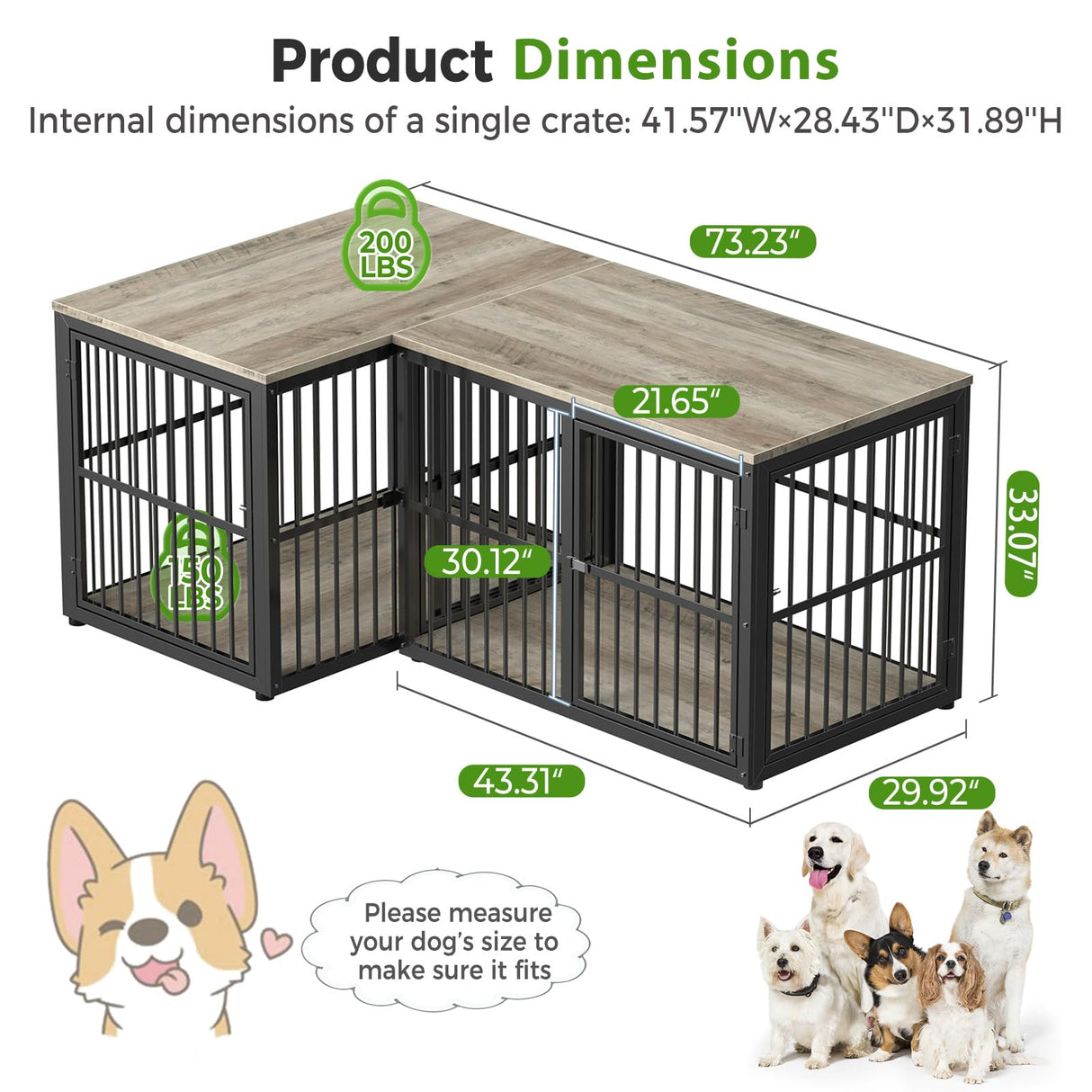 Lyromix 43'' L-Shaped Corner Dog Crate Furniture Large Breed for 2 Dogs with Double Rooms,Wooden Dog Crate End Table Indoor with Removable Divider for Small to Medium Dogs, Can Use Separately Lyromix