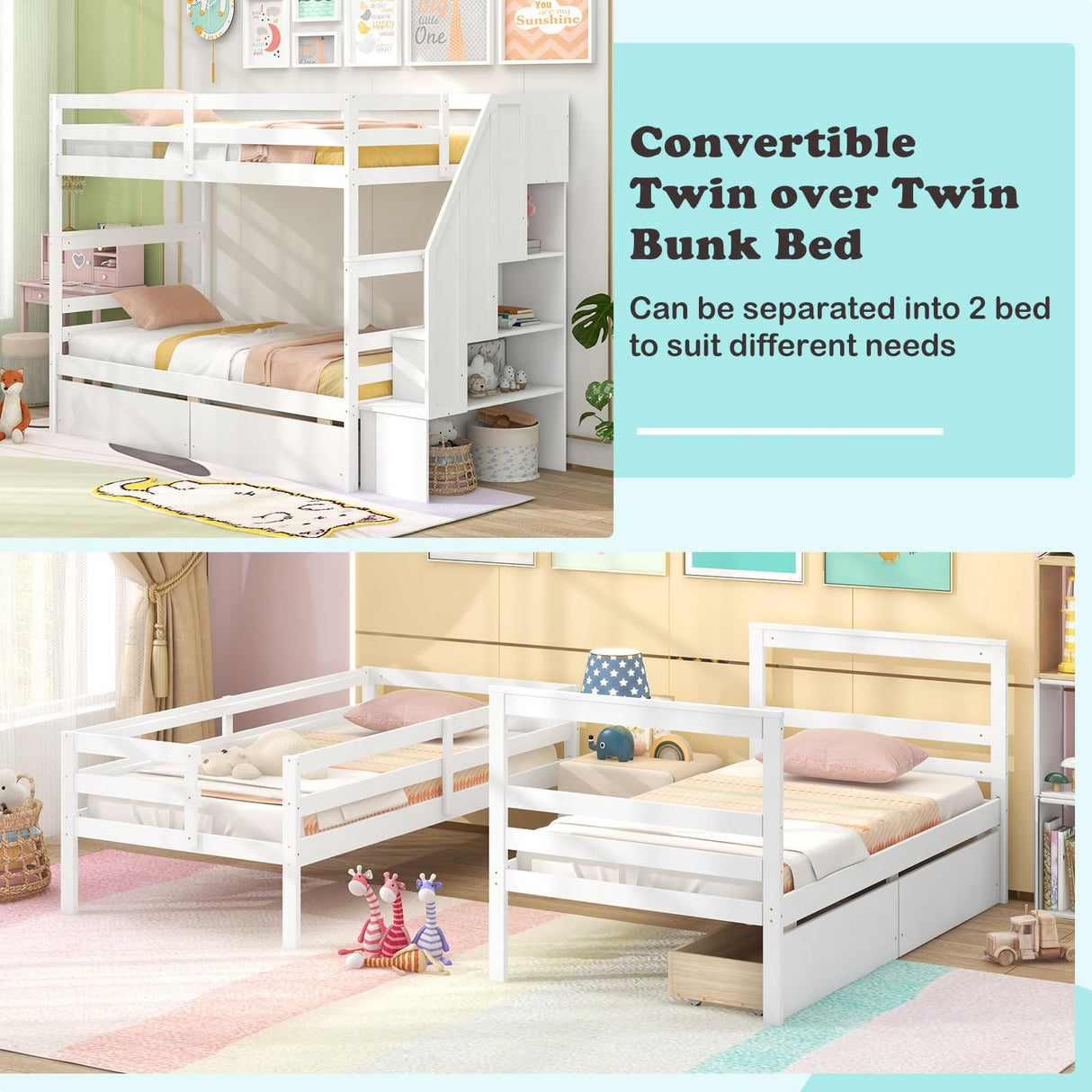 Giantex Bunk Bed Twin Over Twin with Storage Stairs & Drawers, Solid Wood Bunk Bed with Full-Length Guardrails, Convertible to 2 Beds, Versatile Bunk Beds for Kids, Teens, Adults, White Giantex