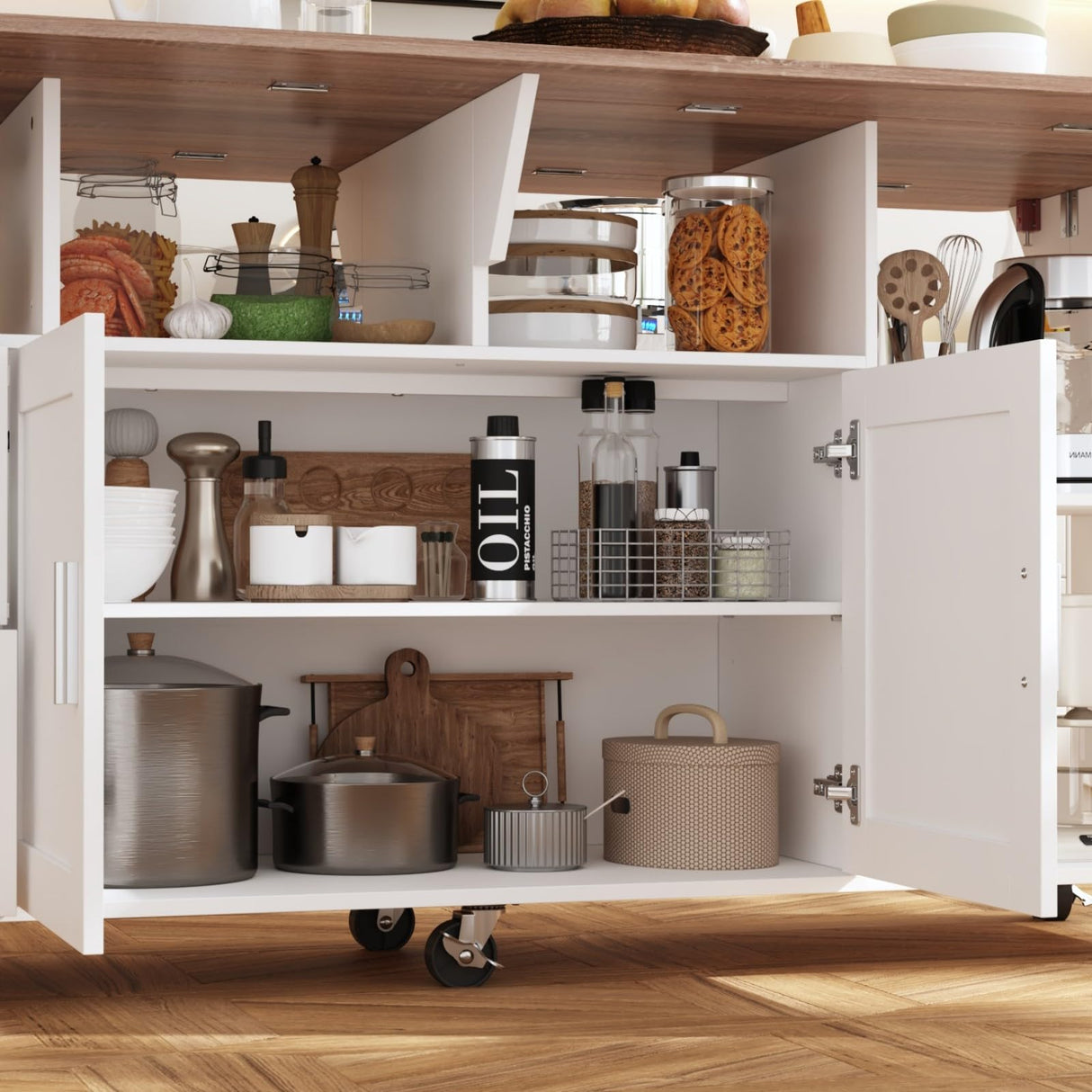 JOIKUJIA Rolling Kitchen Island Cart with Storage, Mobile Kitchen Island on Wheels with Drop Leaf & 2 Drawers, Adjustable Shelf, Towel Rack & Brown Tabletop, White, 70.9”W x 31.7”D x 31.6”H JOIKUJIA